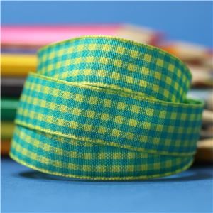 15mm Gingham Ribbon - Baby Maize/Jade